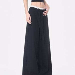 Summer Black Drawstring Straight Leg Suit Pants for Women with Color Block Design, Loose Wide Leg, Y2K Fashion