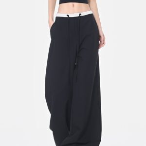 Summer Black Drawstring Straight Leg Suit Pants for Women with Color Block Design, Loose Wide Leg, Y2K Fashion