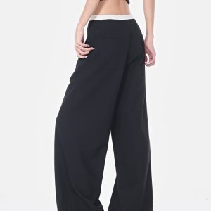 Summer Black Drawstring Straight Leg Suit Pants for Women with Color Block Design, Loose Wide Leg, Y2K Fashion