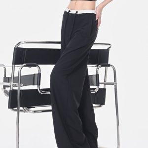 Summer Black Drawstring Straight Leg Suit Pants for Women with Color Block Design, Loose Wide Leg, Y2K Fashion