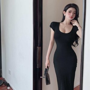 Summer Black Tight-Fitting Hip-Hugging Dress - Sexy Short Sleeve Revealing Chic Women's Cotton Dress