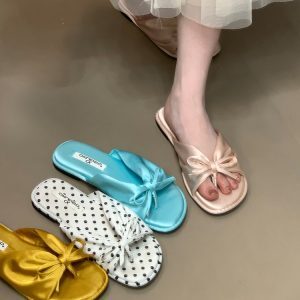 Summer Bowknot Polka Dot Slide Sandals for Women - Comfortable Open-Toe Beach Slippers, Flat Shoes for Casual Style