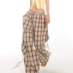 Summer Casual Plaid Loose Straight-Leg Work Pants with Large Pockets - 2025 Trendy Relaxed Fit for Effortless Style