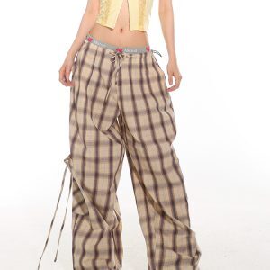 Summer Casual Plaid Loose Straight-Leg Work Pants with Large Pockets - 2025 Trendy Relaxed Fit for Effortless Style