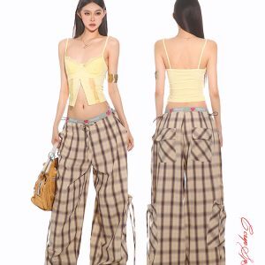 Summer Casual Plaid Loose Straight-Leg Work Pants with Large Pockets - 2025 Trendy Relaxed Fit for Effortless Style