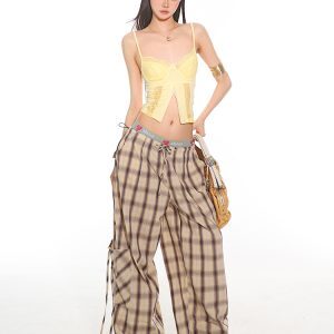 Summer Casual Plaid Loose Straight-Leg Work Pants with Large Pockets - 2025 Trendy Relaxed Fit for Effortless Style