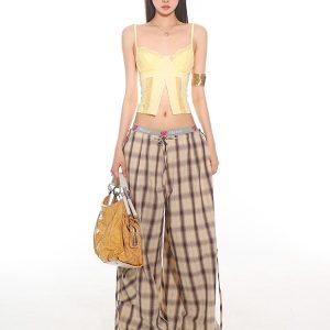 Summer Casual Plaid Loose Straight-Leg Work Pants with Large Pockets - 2025 Trendy Relaxed Fit for Effortless Style