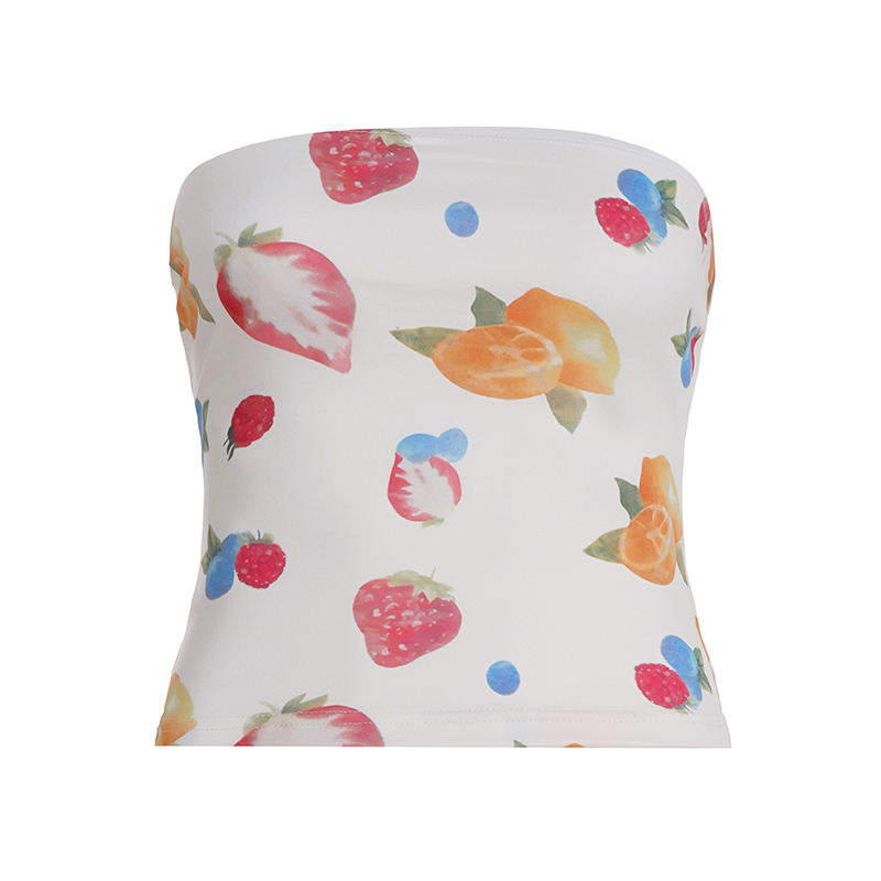 Summer Dopamine Fruit Print Strapless Top for Women, Slim Fit Off-Shoulder Knitted Short Top, Trendy Y2K Style