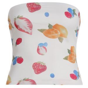 Summer Dopamine Fruit Print Strapless Top for Women, Slim Fit Off-Shoulder Knitted Short Top, Trendy Y2K Style