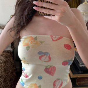 Summer Dopamine Fruit Print Strapless Top for Women, Slim Fit Off-Shoulder Knitted Short Top, Trendy Y2K Style