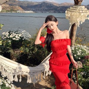 Summer Dopamine Red Strapless Bodycon Dress with Irregular Ruffles and Long Skirt – Sexy Thailand Sanya Style