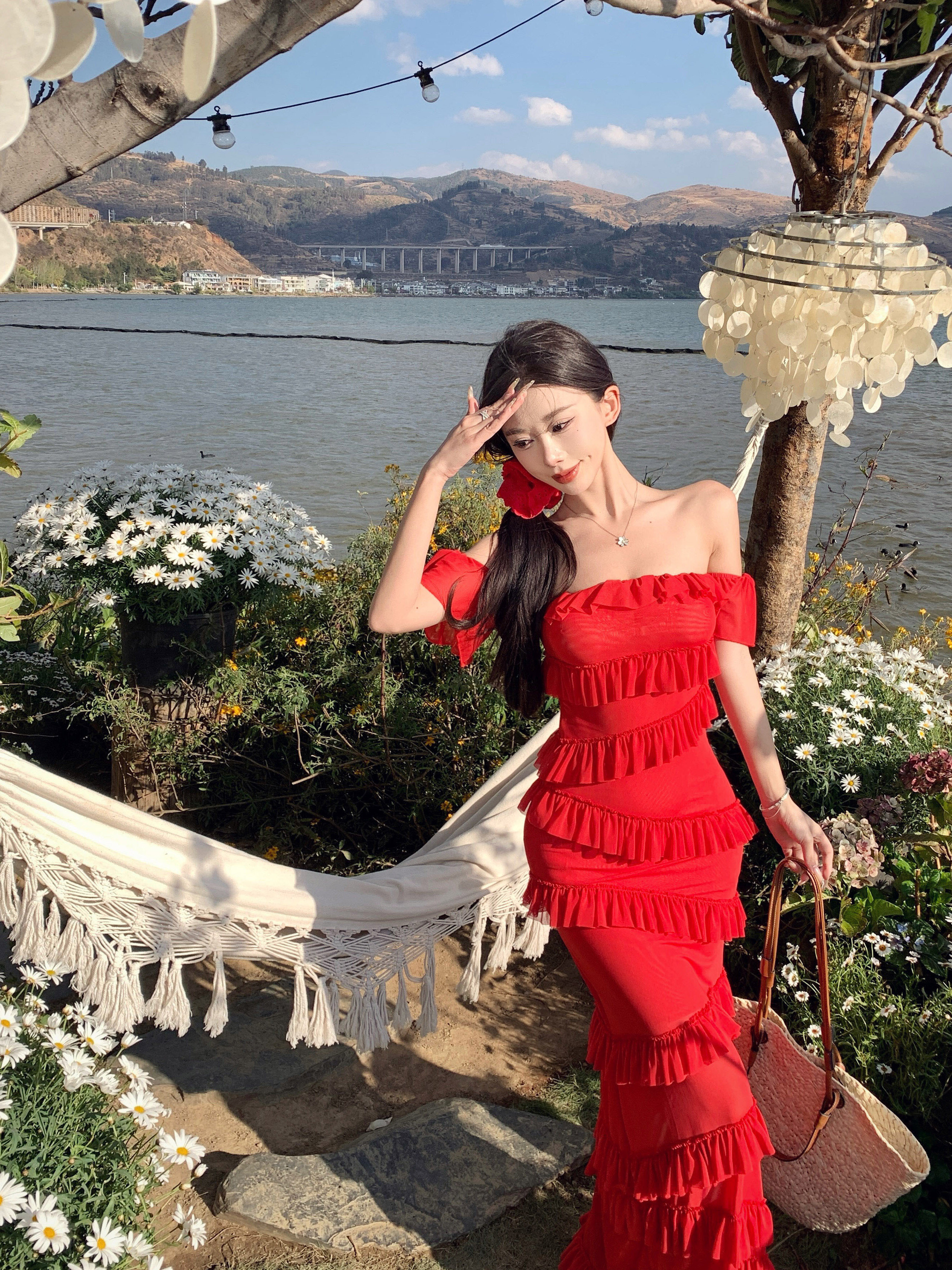 Summer Dopamine Red Strapless Bodycon Dress with Irregular Ruffles and Long Skirt – Sexy Thailand Sanya Style