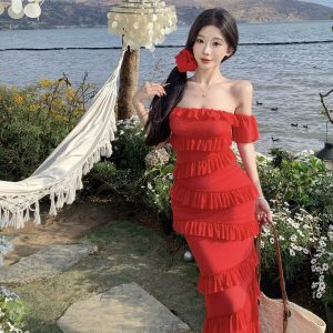 Summer Dopamine Red Strapless Bodycon Dress with Irregular Ruffles and Long Skirt – Sexy Thailand Sanya Style