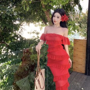 Summer Dopamine Red Strapless Bodycon Dress with Irregular Ruffles and Long Skirt – Sexy Thailand Sanya Style