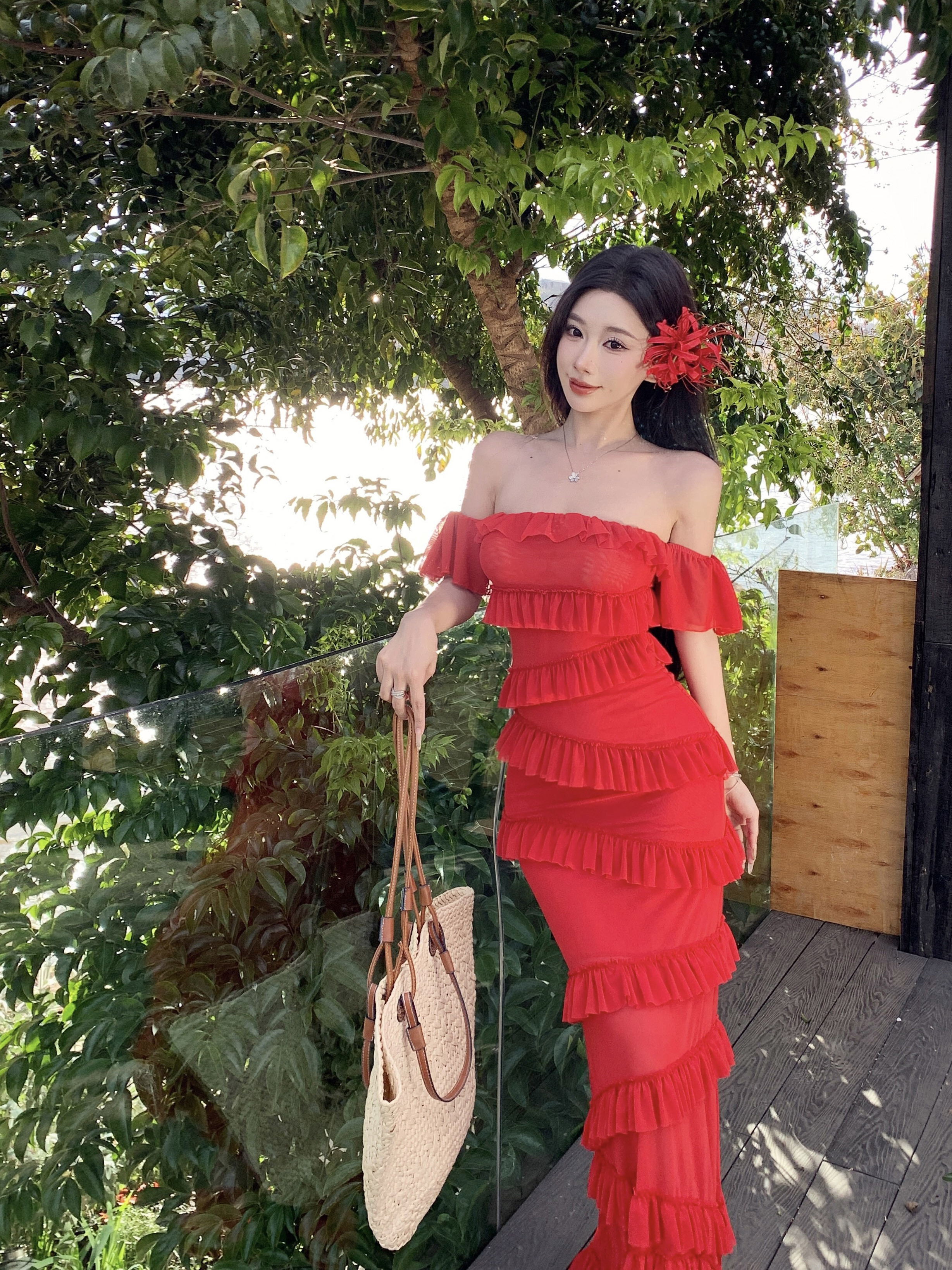 Summer Dopamine Red Strapless Bodycon Dress with Irregular Ruffles and Long Skirt – Sexy Thailand Sanya Style
