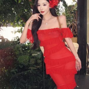 Summer Dopamine Red Strapless Bodycon Dress with Irregular Ruffles and Long Skirt – Sexy Thailand Sanya Style