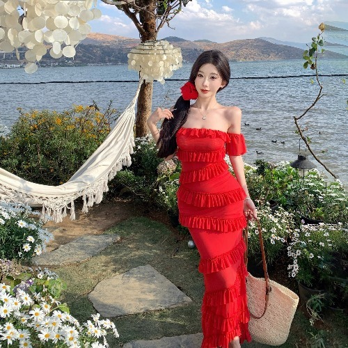 Summer Dopamine Red Strapless Bodycon Dress with Irregular Ruffles and Long Skirt – Sexy Thailand Sanya Style