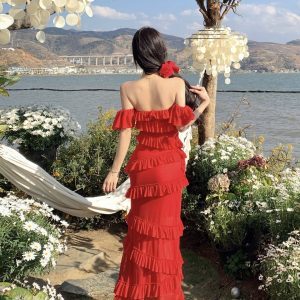 Summer Dopamine Red Strapless Bodycon Dress with Irregular Ruffles and Long Skirt – Sexy Thailand Sanya Style