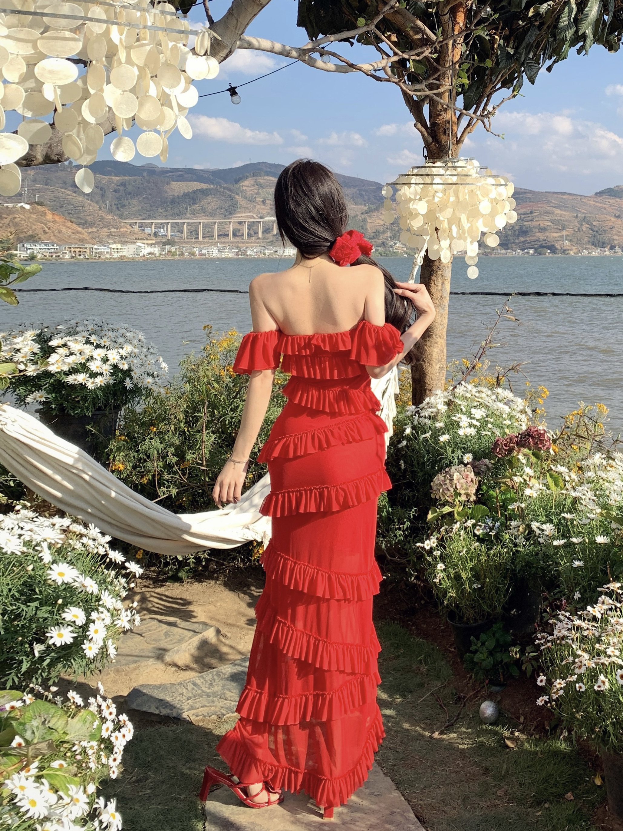 Summer Dopamine Red Strapless Bodycon Dress with Irregular Ruffles and Long Skirt – Sexy Thailand Sanya Style