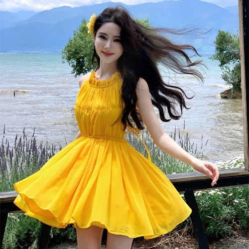 Summer Dopamine Yellow Backless Strap Dress for Petite Women - Sexy Fairy Style Short Skirt for Beach Photo Shoots