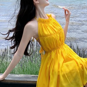 Summer Dopamine Yellow Backless Strap Dress for Petite Women - Sexy Fairy Style Short Skirt for Beach Photo Shoots