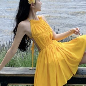 Summer Dopamine Yellow Backless Strap Dress for Petite Women - Sexy Fairy Style Short Skirt for Beach Photo Shoots