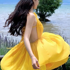 Summer Dopamine Yellow Backless Strap Dress for Petite Women - Sexy Fairy Style Short Skirt for Beach Photo Shoots