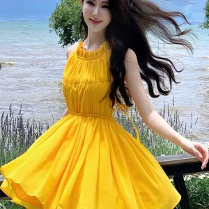 Summer Dopamine Yellow Backless Strap Dress for Petite Women - Sexy Fairy Style Short Skirt for Beach Photo Shoots