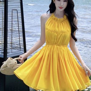 Summer Dopamine Yellow Backless Strap Dress for Petite Women - Sexy Fairy Style Short Skirt for Beach Photo Shoots