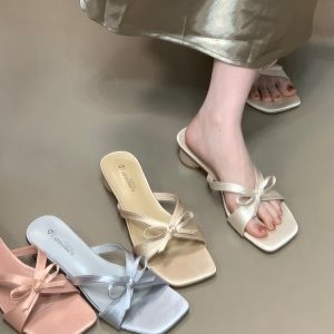 Summer Fairy Style Bowknot Chunky Heels Sandals for Women - Outdoor One-Strap Slippers