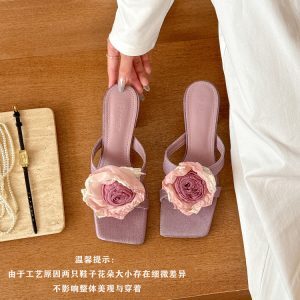 Summer Gradient Rose Oil Painting Blooms Chunky Heel Mule Slippers for Women - Y2K Floral High Heels