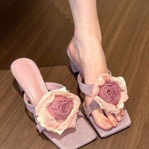Summer Gradient Rose Oil Painting Blooms Chunky Heel Mule Slippers for Women - Y2K Floral High Heels