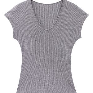 Summer Gray Slim Fit V-Neck Short Sleeve T-Shirt for Women, Versatile Casual Top, Effortless Style, Y2K Inspired Fashion