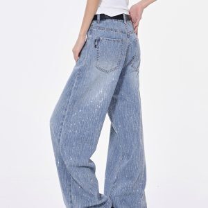 Summer Handmade Rhinestone Sparkling Blue Wash Denim Straight Leg Pants for Women - Trendy Y2K Style Jeans