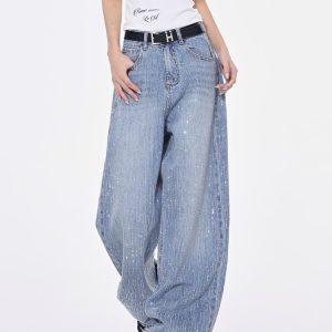 Summer Handmade Rhinestone Sparkling Blue Wash Denim Straight Leg Pants for Women - Trendy Y2K Style Jeans