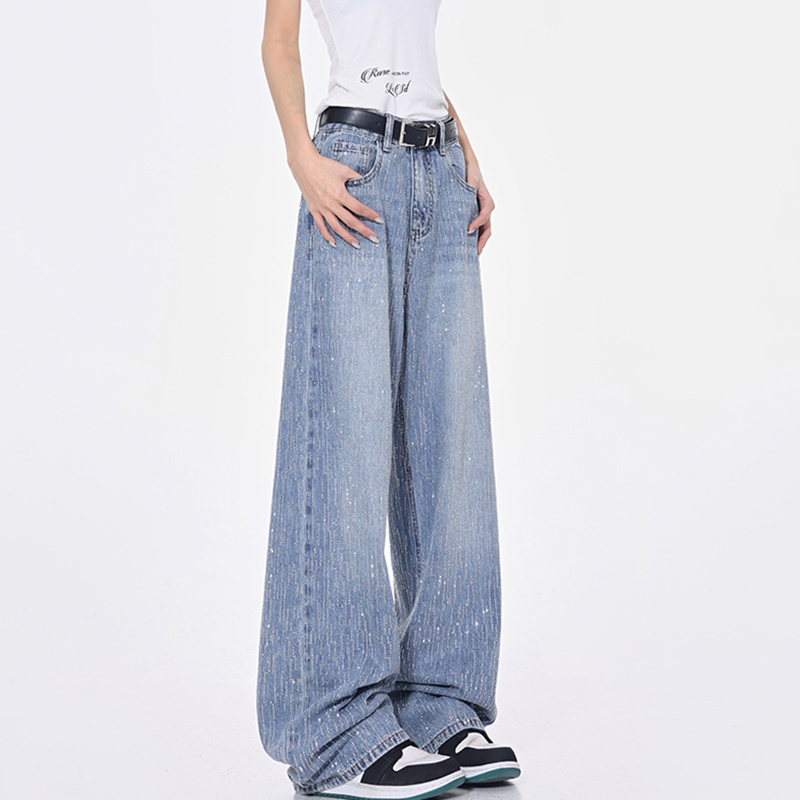 Summer Handmade Rhinestone Sparkling Blue Wash Denim Straight Leg Pants for Women - Trendy Y2K Style Jeans