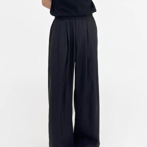 Summer High-End Solid Color Wide-Leg Pants - Elastic Waist, High Waist, Pleated Draping, Floor-Length Casual Trousers for Effortless Style