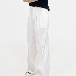 Summer High-End Solid Color Wide-Leg Pants - Elastic Waist, High Waist, Pleated Draping, Floor-Length Casual Trousers for Effortless Style