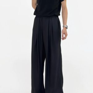 Summer High-End Solid Color Wide-Leg Pants - Elastic Waist, High Waist, Pleated Draping, Floor-Length Casual Trousers for Effortless Style