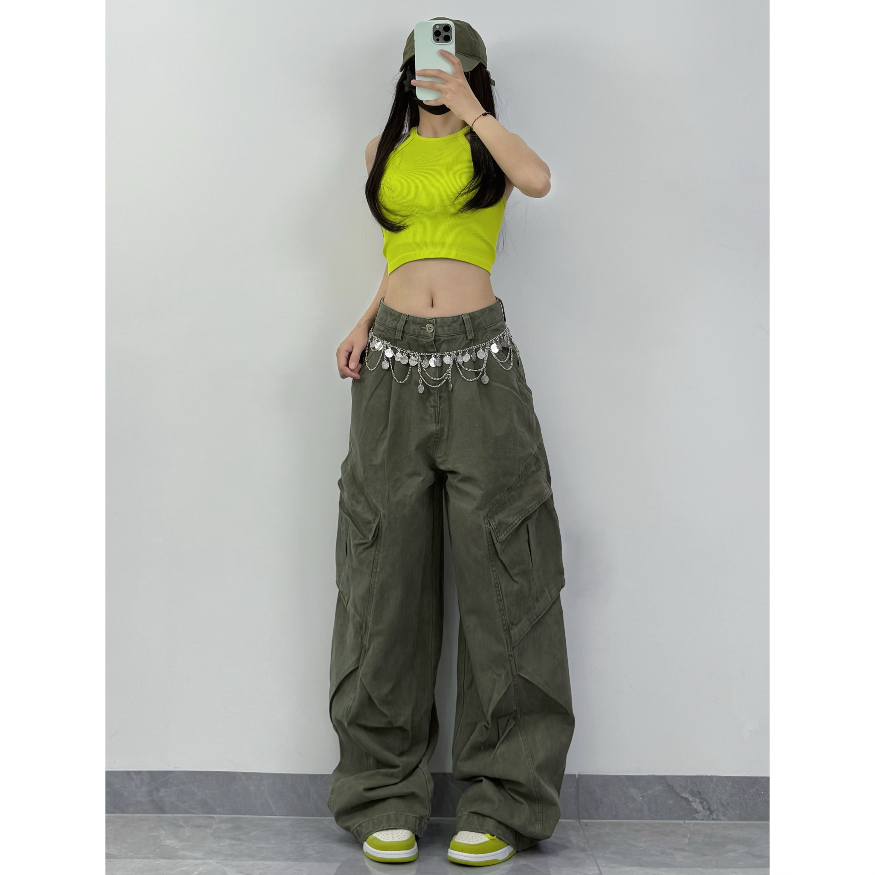 Summer Jazz Dance Outfit for Women: Sleeveless Top with Stylish American Military Green Cargo Pants, Perfect for Studio and Street Style