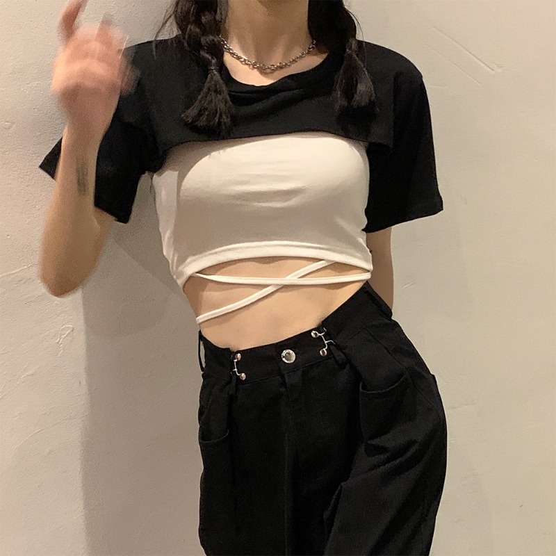 Summer Layered Jazz Top and Camisole Two-Piece Set, Short Sleeve T-Shirt, Girl Group Style Jazz Dance Wear
