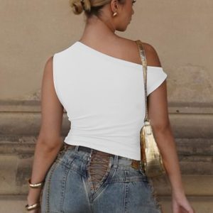 Summer Metallic Heart Print Off-Shoulder Sleeveless Top - Versatile Women’s T-Shirt for 90s Y2K Style