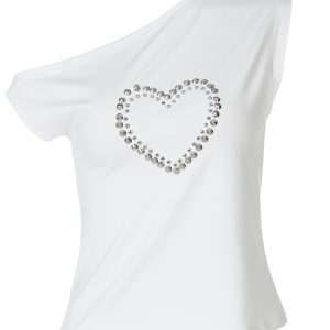 Summer Metallic Heart Print Off-Shoulder Sleeveless Top - Versatile Women’s T-Shirt for 90s Y2K Style