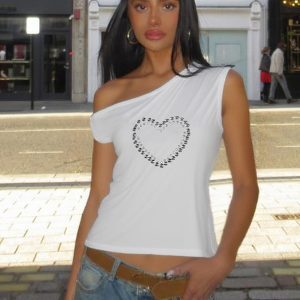 Summer Metallic Heart Print Off-Shoulder Sleeveless Top - Versatile Women’s T-Shirt for 90s Y2K Style