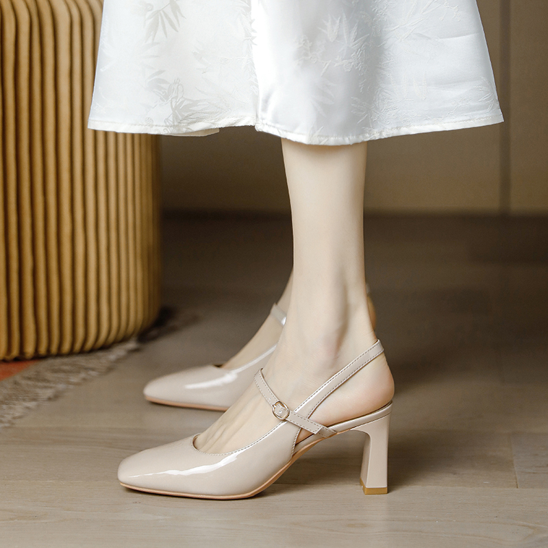 Summer Milk Tea Color Square Toe High Heel Shoes for Women, Chunky Heel Backless Peep-Toe Sandals, Vintage Qipao Minimalist Style
