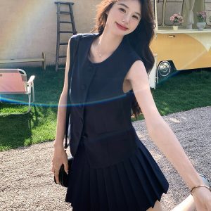 Summer Miu-Style Two-Piece Set for Women - High-End Vest and Pleated Skirt Outfit