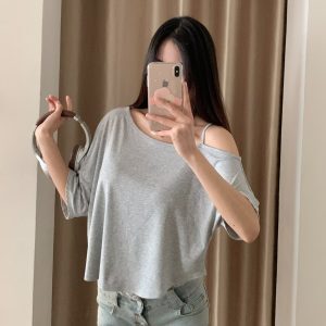 Summer Off-Shoulder K-Pop Jazz T-Shirt for Women - Loose Fit, Curved Hem, Short Sleeve, Thin Design
