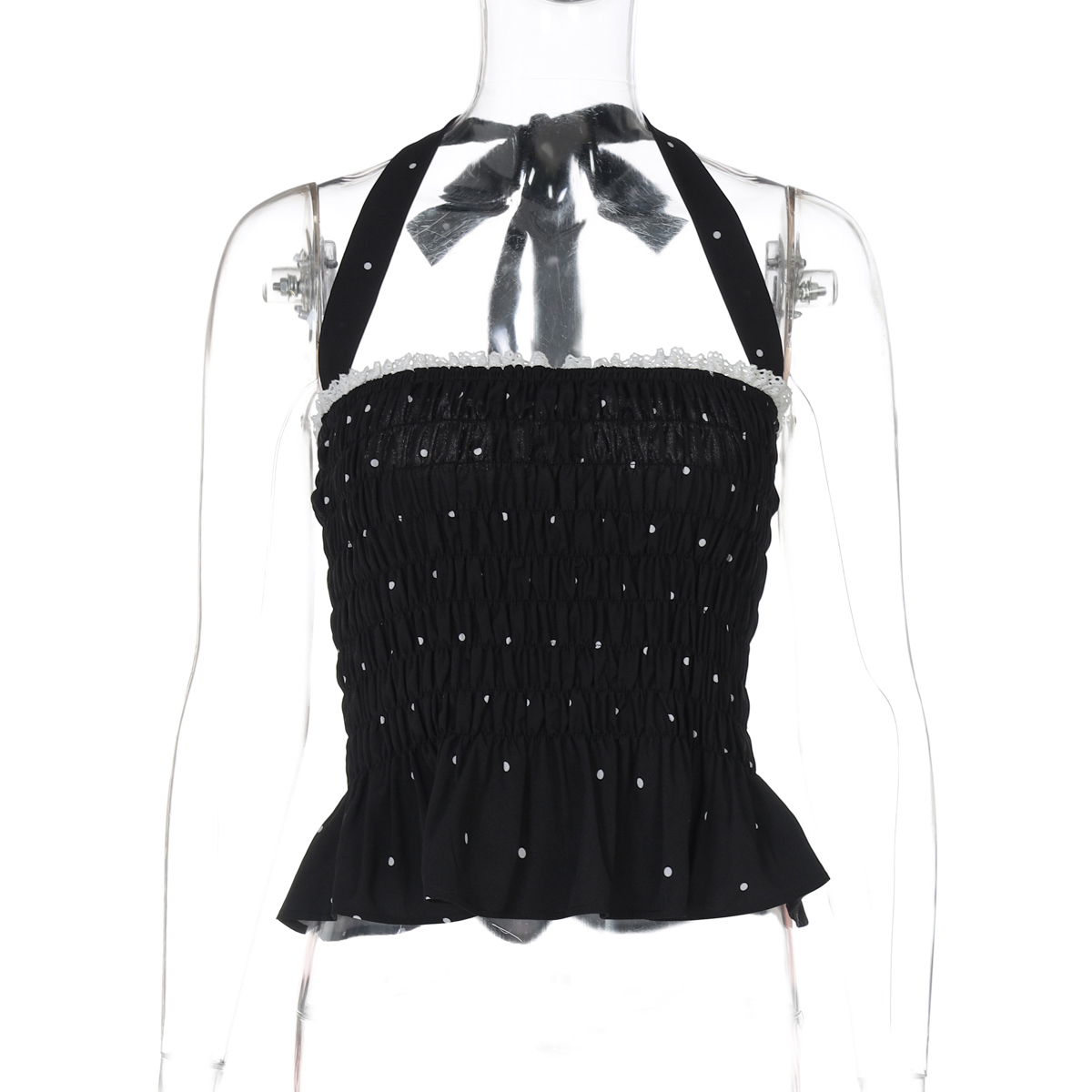 Summer Off-the-Shoulder Halter Top for Women - Versatile Stretchy Pleated Design with Polka Dot Print