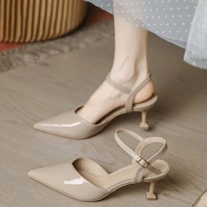 Summer Open-Toe High Heels for Women - Pointed Toe, Thin Heels, Patent Leather Milk Tea Color, Versatile Sandals for Skirts, 2025 Trend