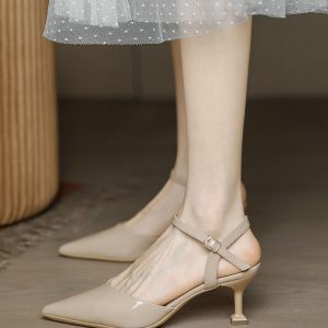 Summer Open-Toe High Heels for Women - Pointed Toe, Thin Heels, Patent Leather Milk Tea Color, Versatile Sandals for Skirts, 2025 Trend